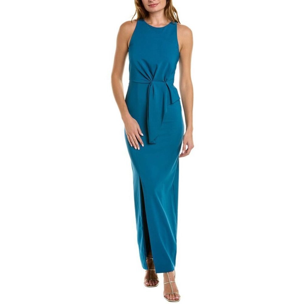 Kay Unger Womens Megan Sleeveless Draped Detail Column Gown Size 4 in  Blue